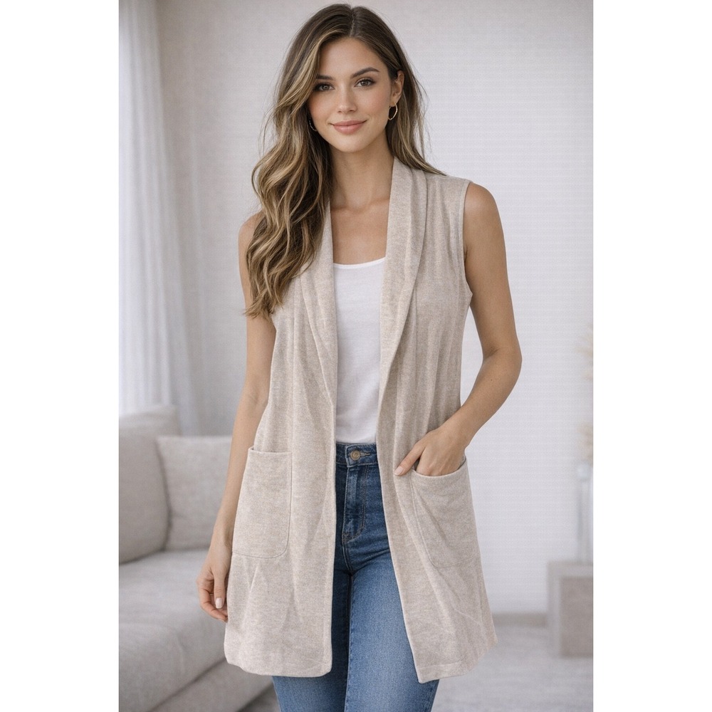 Joie Womens Duster Vest Oatmeal Beige Heathered Knit Open Front Pockets Medium